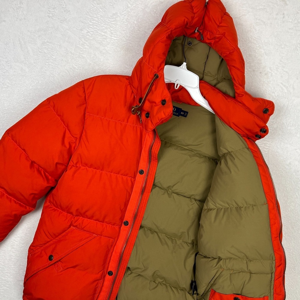 Polo Ralph Lauren Orange Puffer Jacket Mens XS Duck Down Hooded Winter‎ Parka
